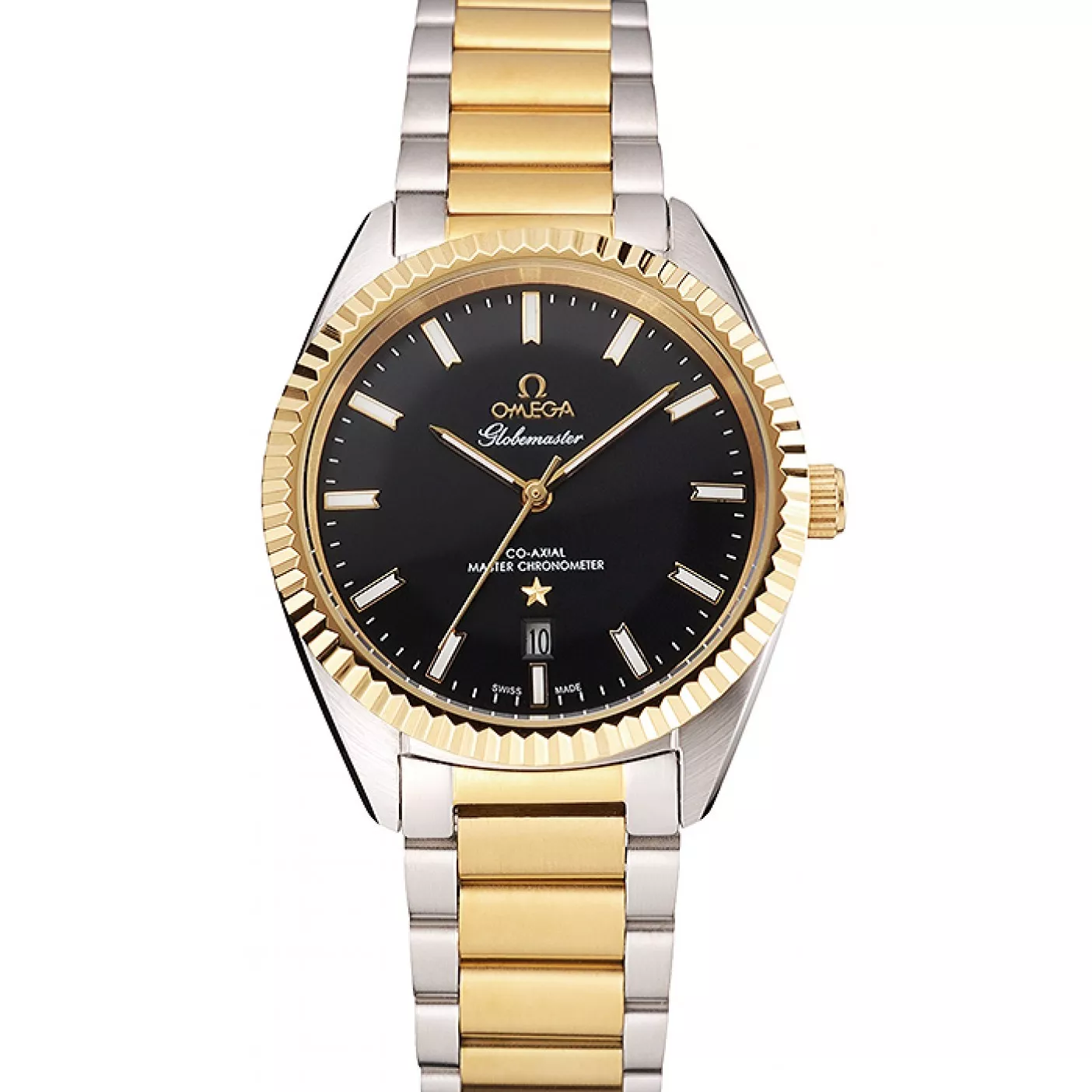 Omega Globemaster Black Dial Stainless Steel Case Gold Bezel Two Tone Bracelet 0124