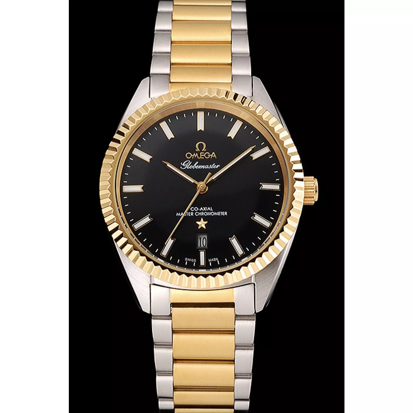 Good Copy Rolex Watches Omega Globemaster Black Dial Stainless Steel Case Gold Bezel Two Tone Bracelet 0124