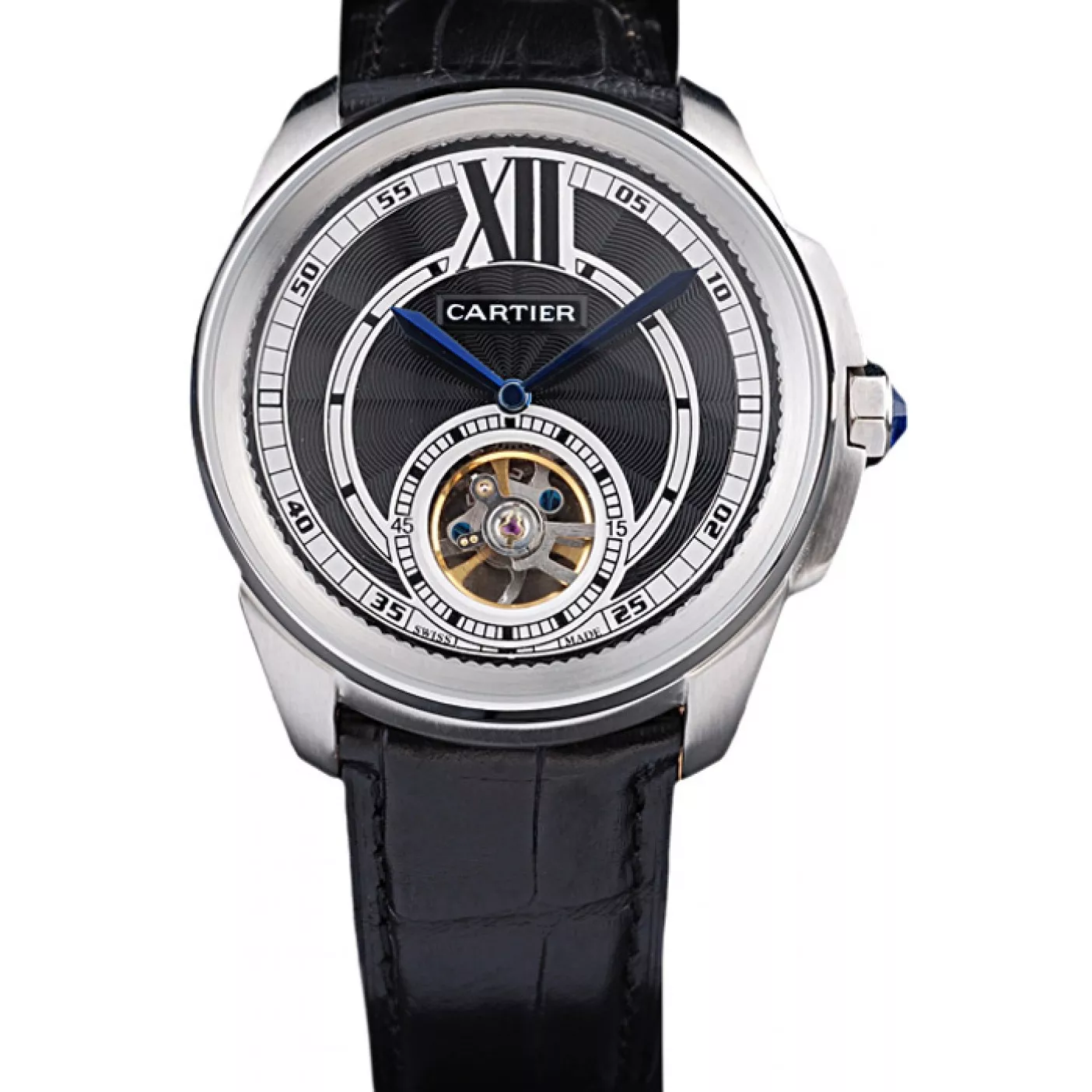 Cartier Calibre Flying Tourbillon Black Dial Stainless Steel Case Black Leather Bracelet 0130