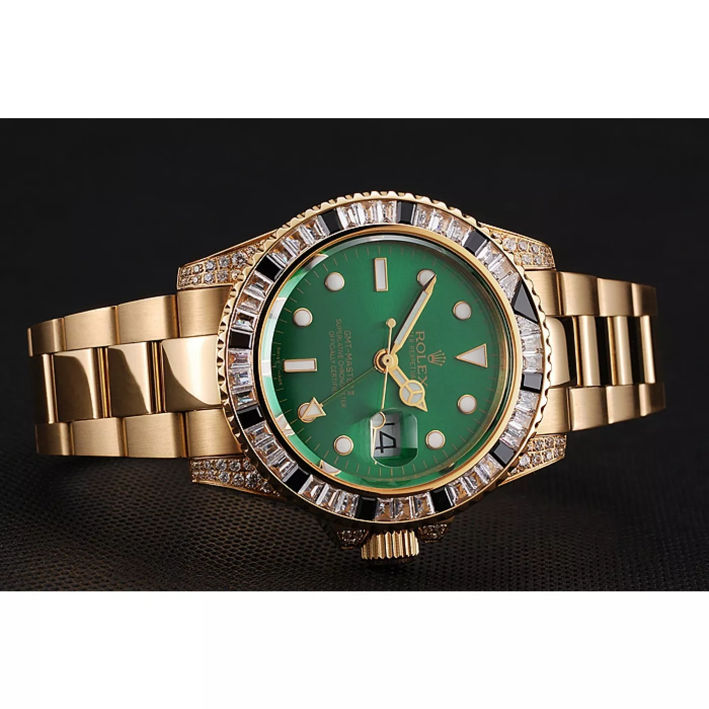 Good Copy Rolex Watches Swiss Rolex GMT Master II Green Dial Stone Set Bezel Gold Case And Bracelet 1453748 0128