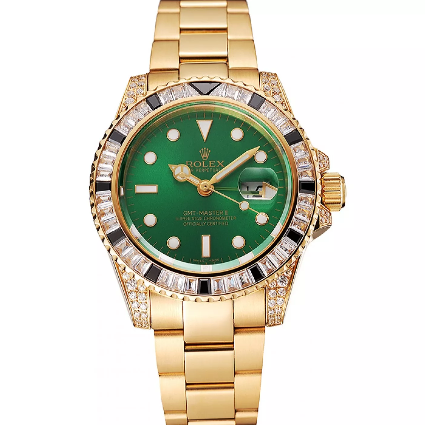 Swiss Rolex GMT Master II Green Dial Stone Set Bezel Gold Case And Bracelet 1453748 0128