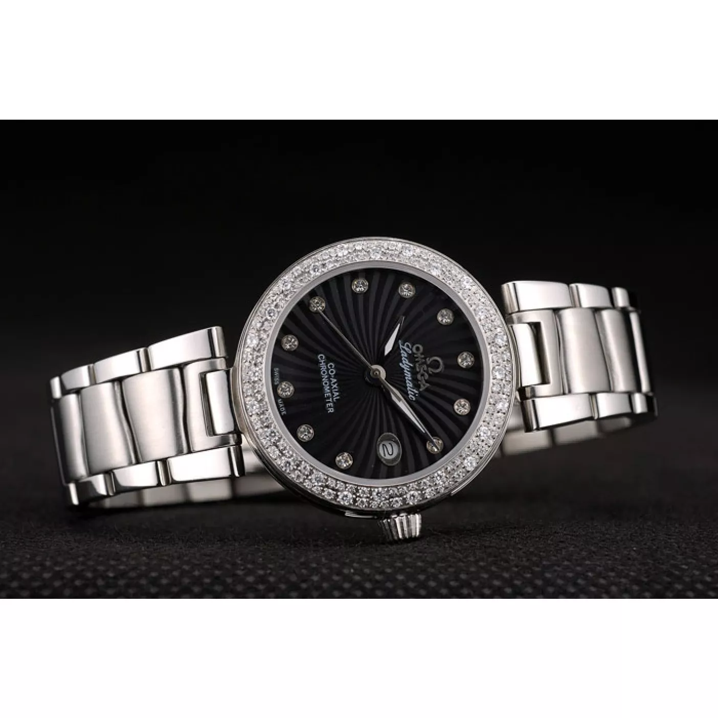 Best AAA Replica Sites Omega DeVille Ladymatic iamond Plated Bezel Black Dial 0124