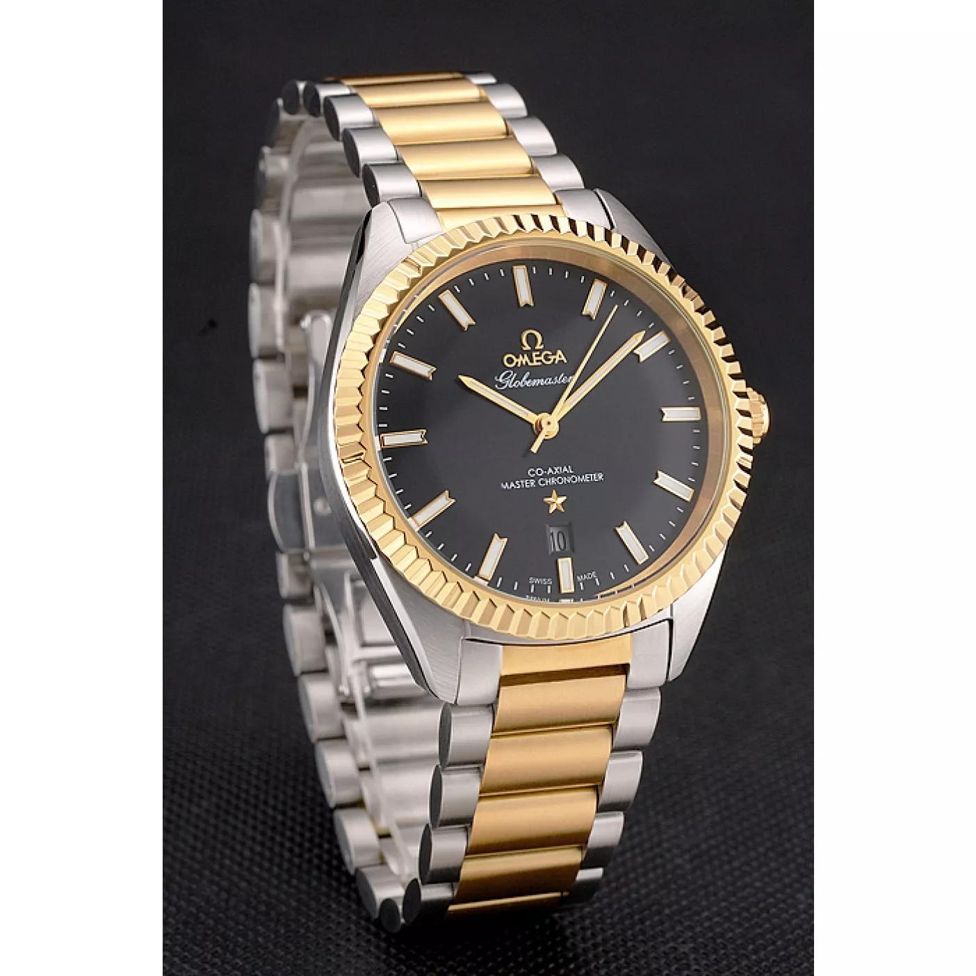 Good Copy Rolex Watches Omega Globemaster Black Dial Stainless Steel Case Gold Bezel Two Tone Bracelet 0124