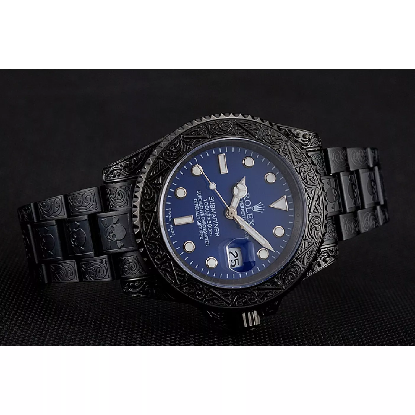 Best AAA Replica Sites Swiss Rolex Submariner Skull Limited Edition Blue Dial All Black Case And Bracelet 1454084 0117