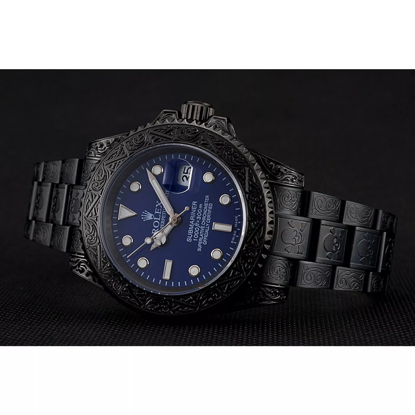 Best AAA Replica Sites Swiss Rolex Submariner Skull Limited Edition Blue Dial All Black Case And Bracelet 1454084 0117