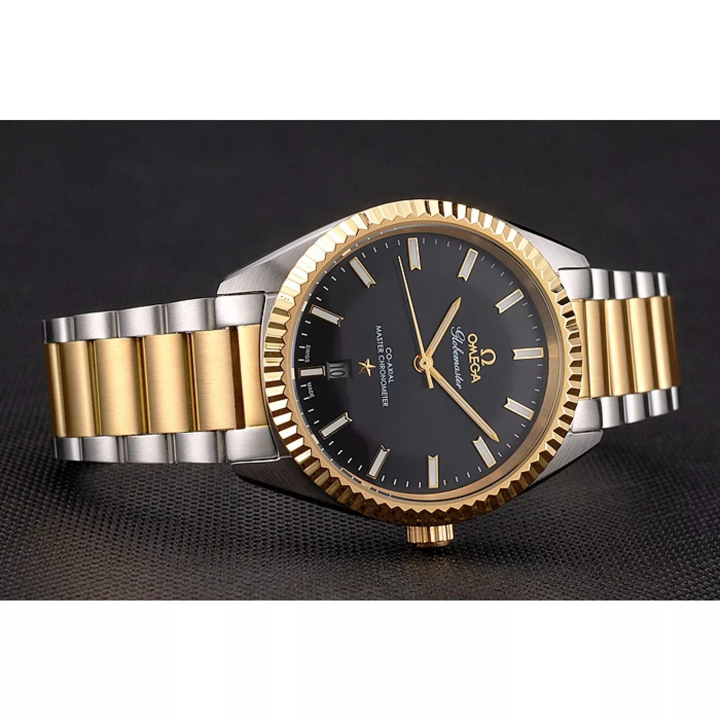 Good Copy Rolex Watches Omega Globemaster Black Dial Stainless Steel Case Gold Bezel Two Tone Bracelet 0124