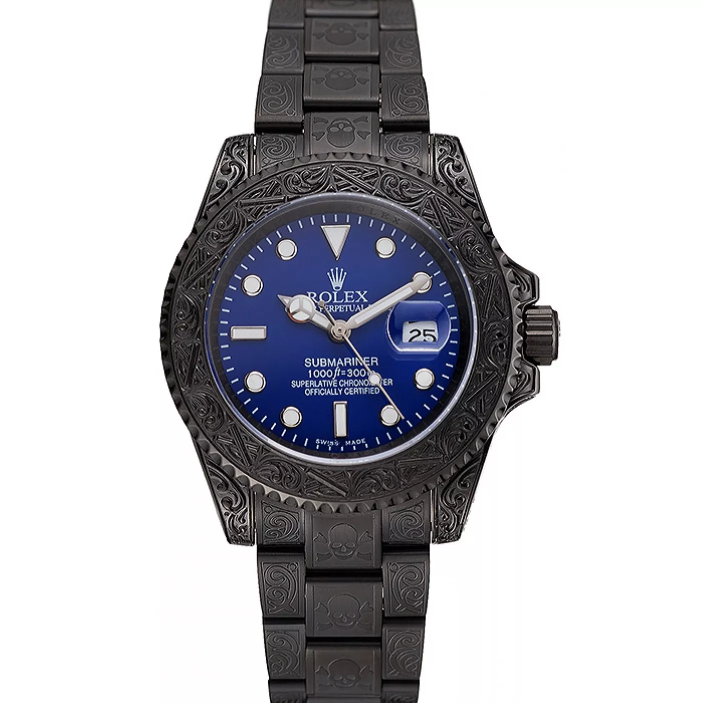 Swiss Rolex Submariner Skull Limited Edition Blue Dial All Black Case And Bracelet 1454084 0117