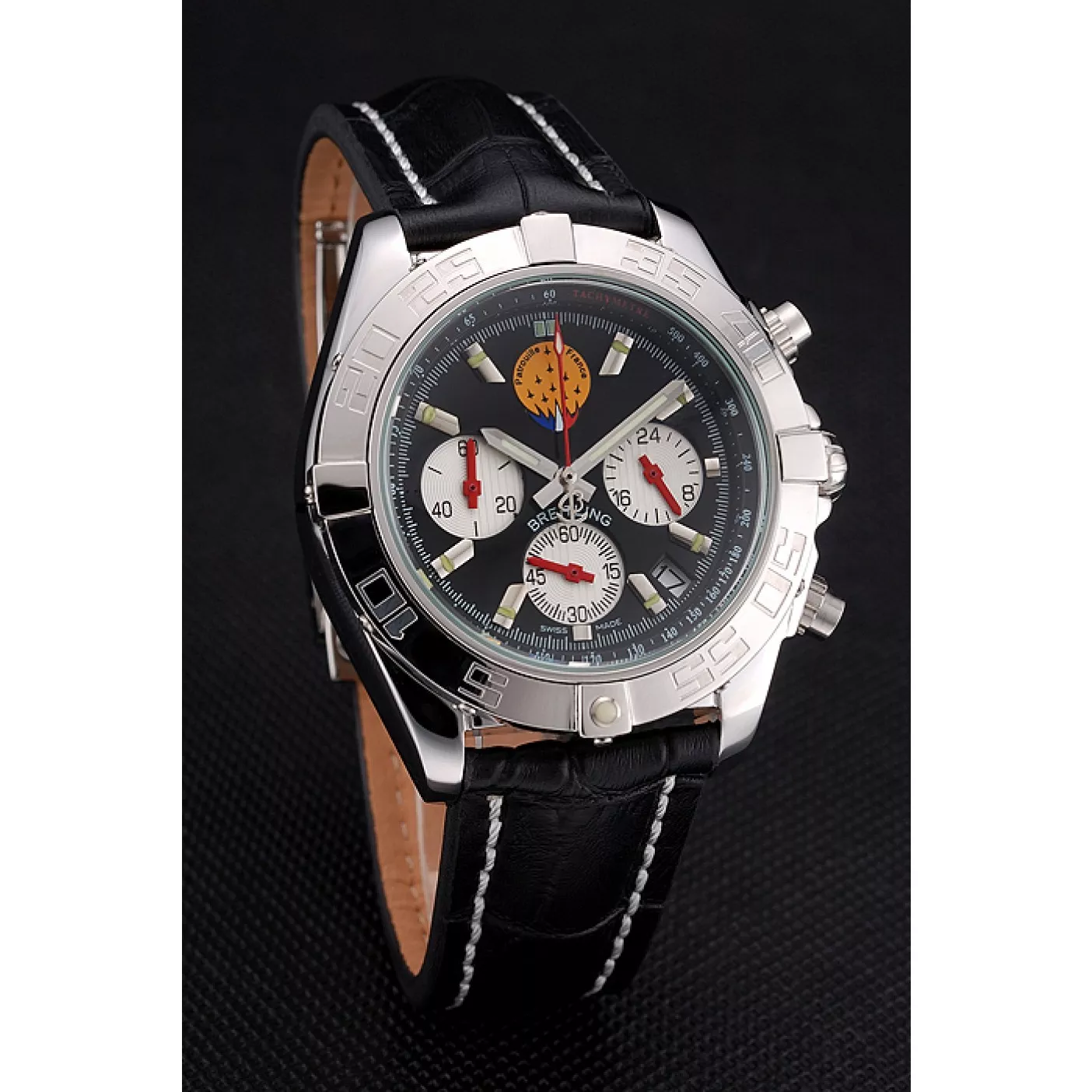 AAA Replica Watches Breitling Chronomat Frecce Tricolori Black Dial Stainless Steel Case Black Leather Strap 0118