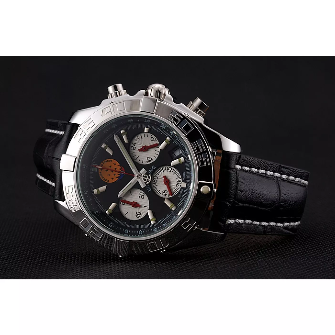 AAA Replica Watches Breitling Chronomat Frecce Tricolori Black Dial Stainless Steel Case Black Leather Strap 0129