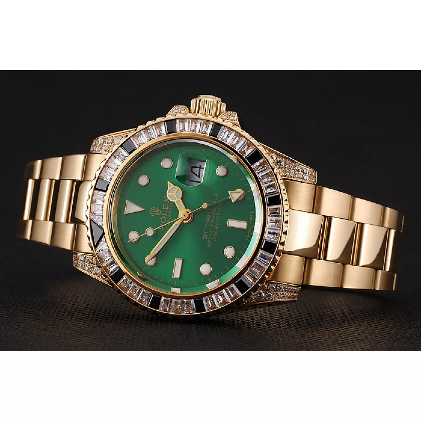 Good Copy Rolex Watches Swiss Rolex GMT Master II Green Dial Stone Set Bezel Gold Case And Bracelet 1453748 0128