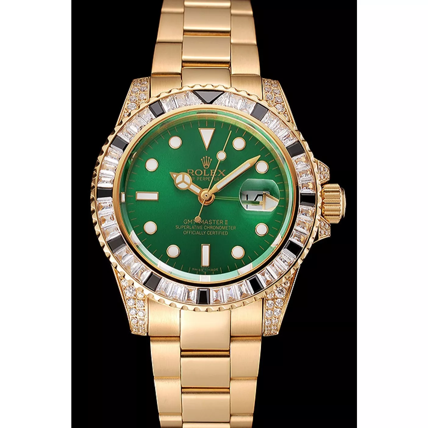 Good Copy Rolex Watches Swiss Rolex GMT Master II Green Dial Stone Set Bezel Gold Case And Bracelet 1453748 0128