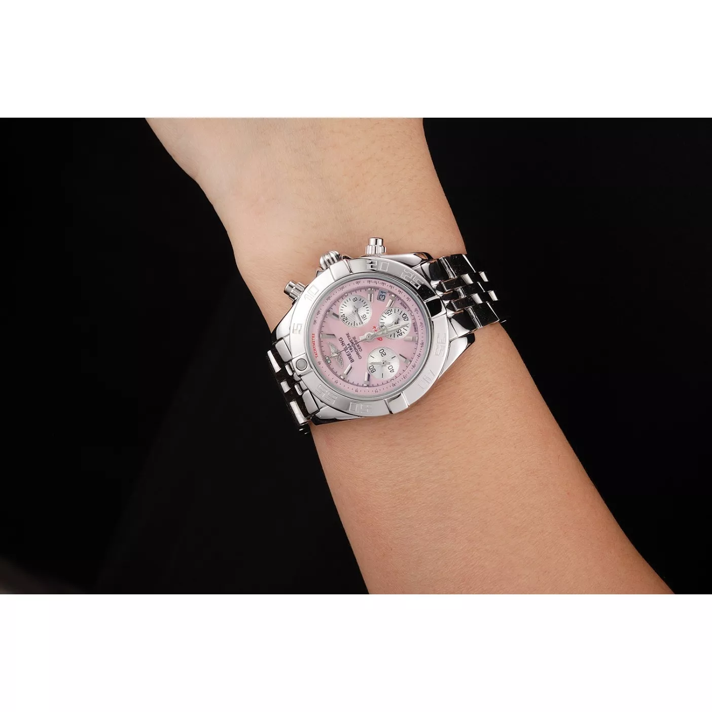 AAA Replica Watches Breitling Chronomat Quartz Pink Dial Stainless Steel Case And Bracelet 0131