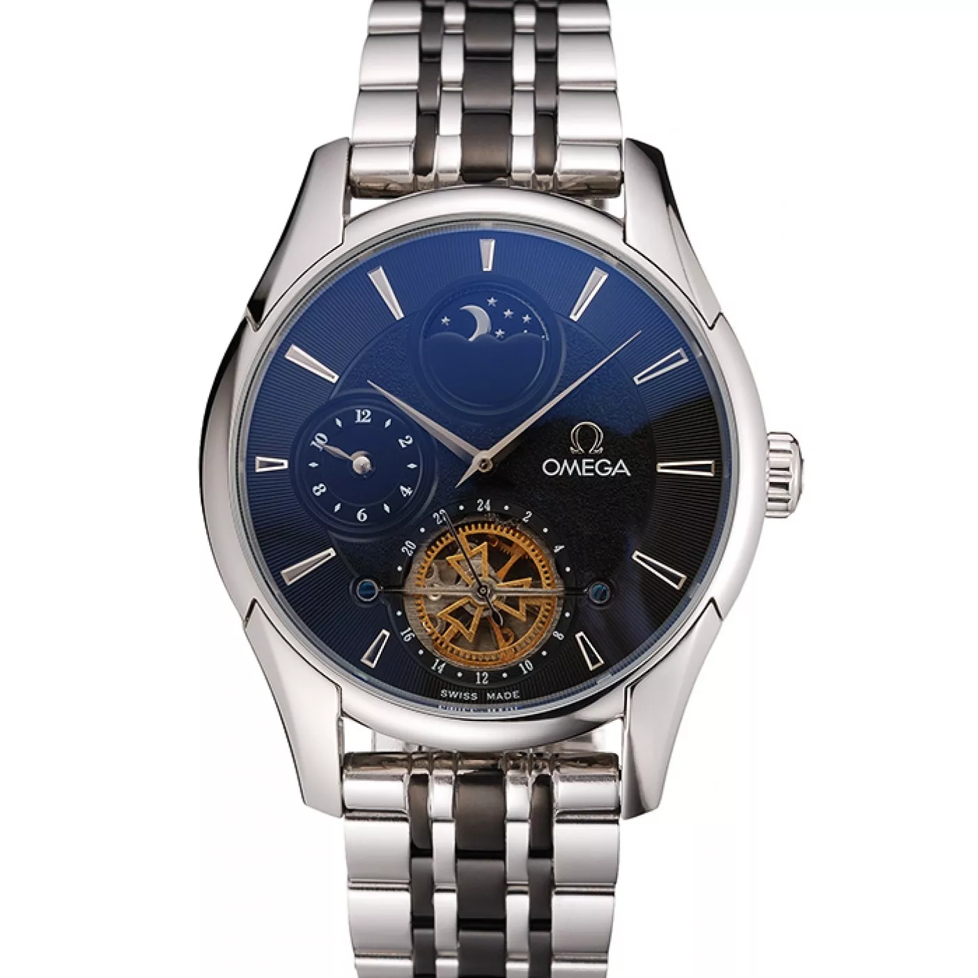 Omega De Ville Moonphase Tourbillon Black Dial Stainless Steel Case Two Tone Black Steel Bracelet 0121