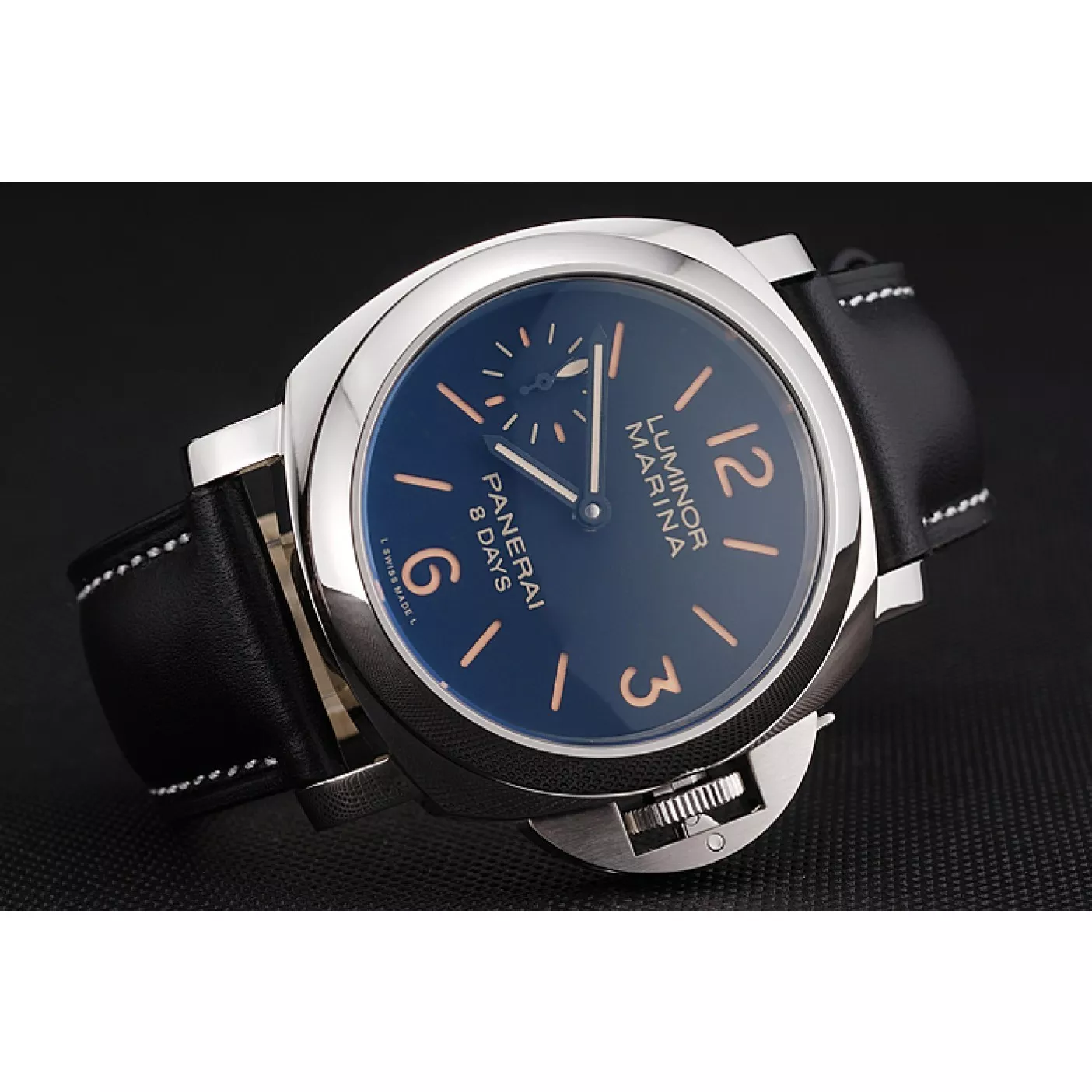 Best AAA Replica Sites Panerai Luminor Marina 8 Days Black Dial Stainless Steel Case Black Leather Strap 0130