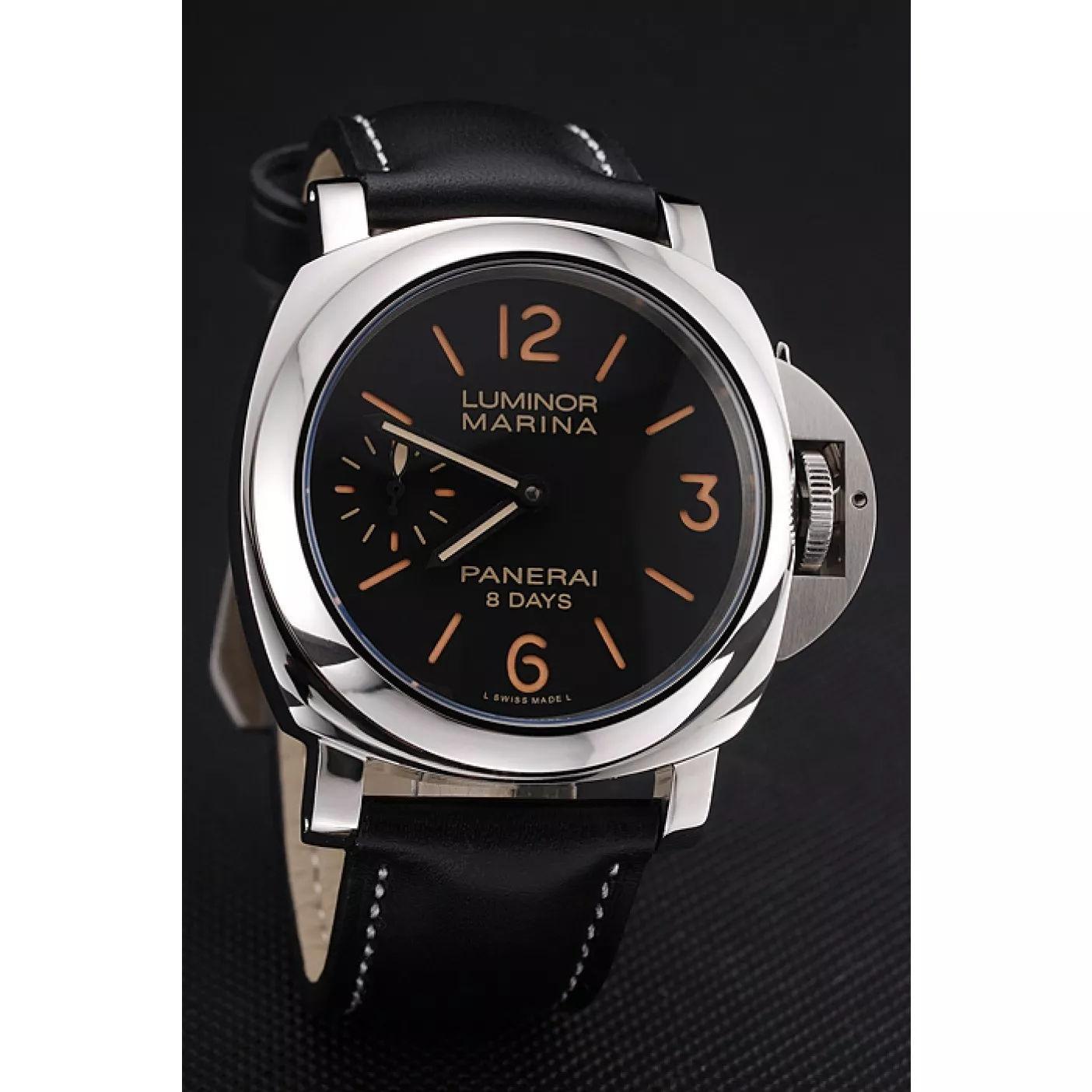 Best AAA Replica Sites Panerai Luminor Marina 8 Days Black Dial Stainless Steel Case Black Leather Strap 0130