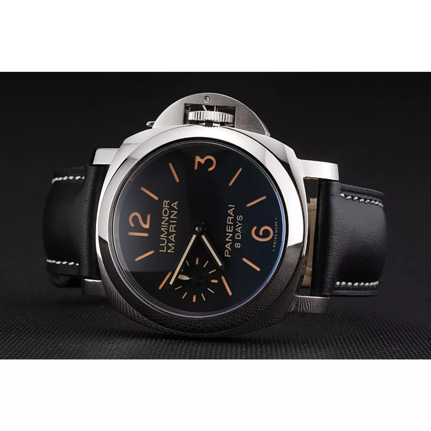 Best AAA Replica Sites Panerai Luminor Marina 8 Days Black Dial Stainless Steel Case Black Leather Strap 0130