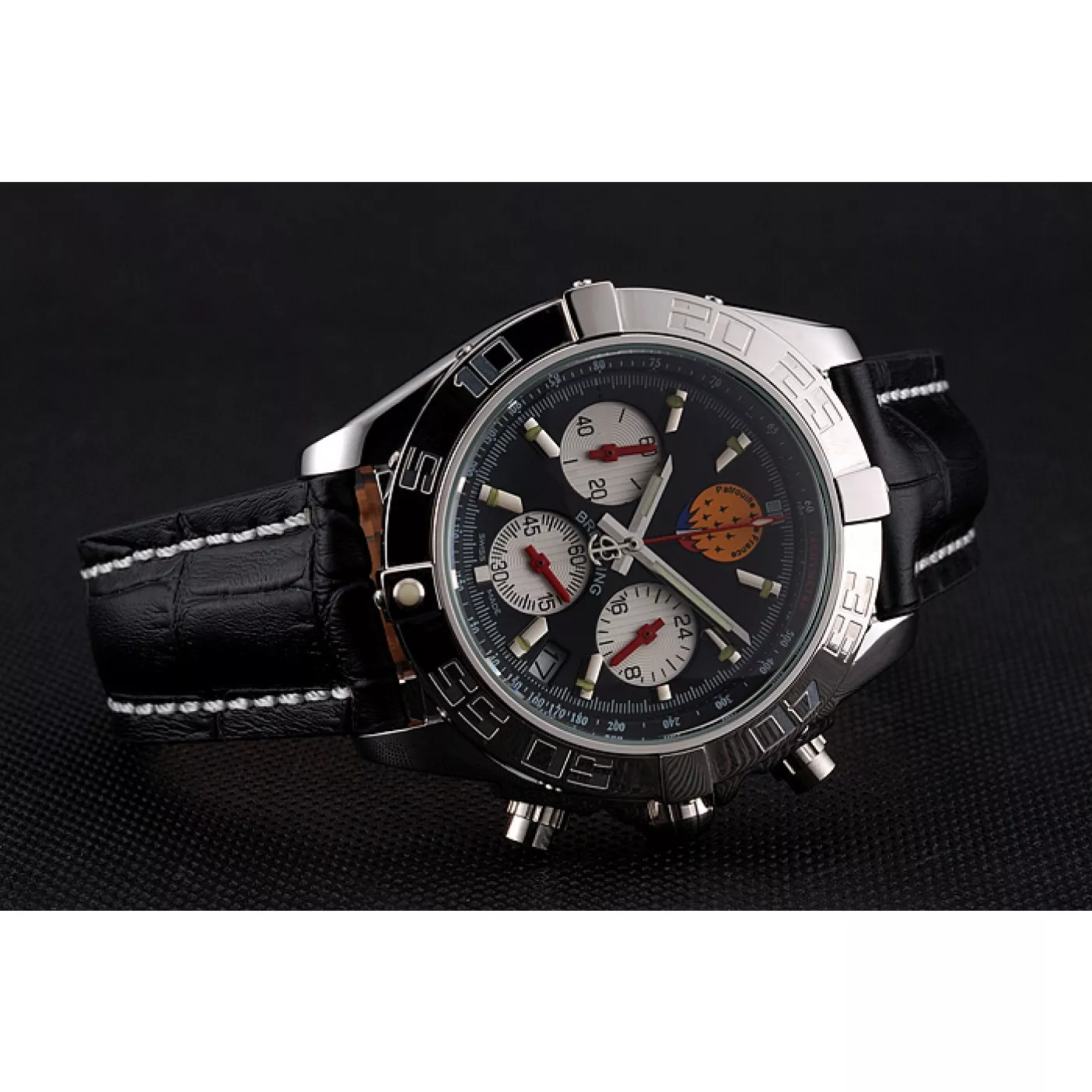 AAA Replica Watches Breitling Chronomat Frecce Tricolori Black Dial Stainless Steel Case Black Leather Strap 0118