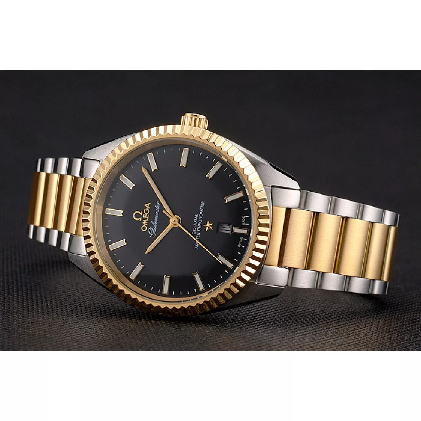 Good Copy Rolex Watches Omega Globemaster Black Dial Stainless Steel Case Gold Bezel Two Tone Bracelet 0124