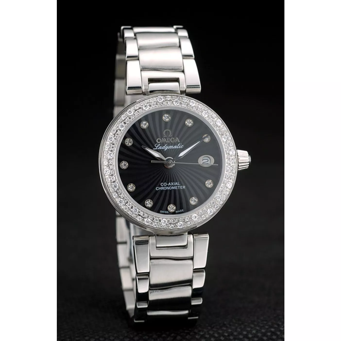 Best AAA Replica Sites Omega DeVille Ladymatic iamond Plated Bezel Black Dial 0124