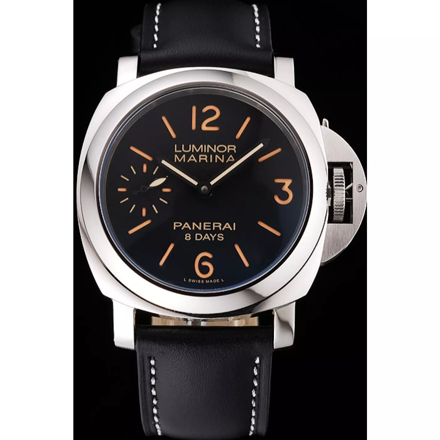 Best AAA Replica Sites Panerai Luminor Marina 8 Days Black Dial Stainless Steel Case Black Leather Strap 0130