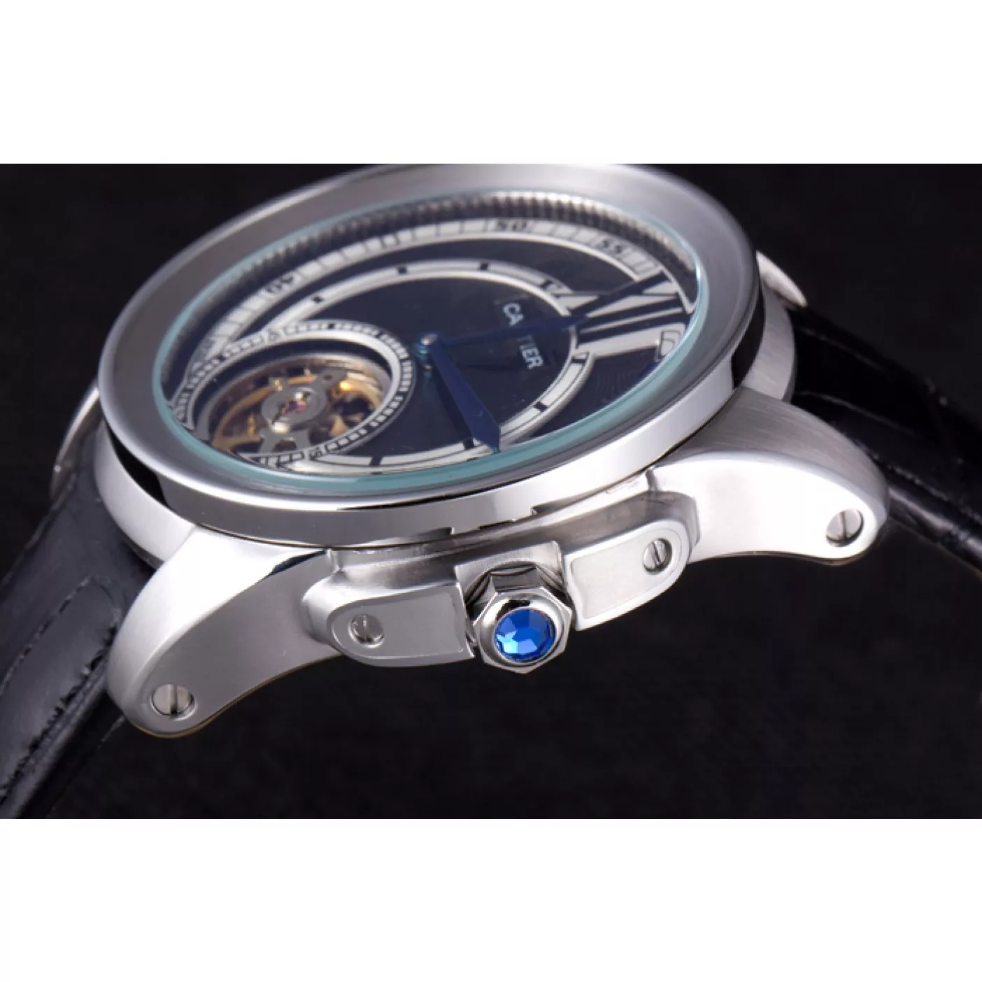 AAA Replica Watches Cartier Calibre Flying Tourbillon Black Dial Stainless Steel Case Black Leather Bracelet 0130