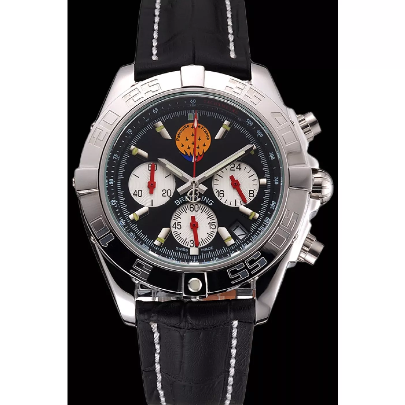 AAA Replica Watches Breitling Chronomat Frecce Tricolori Black Dial Stainless Steel Case Black Leather Strap 0118