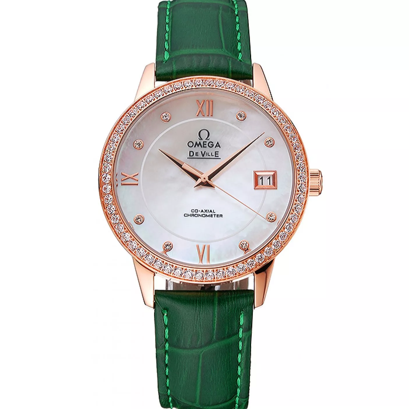 Omega DeVille Prestige Co-Axial Diamond Gold Case Mother-Of-Pearl Dial Green Leather Strap 0124