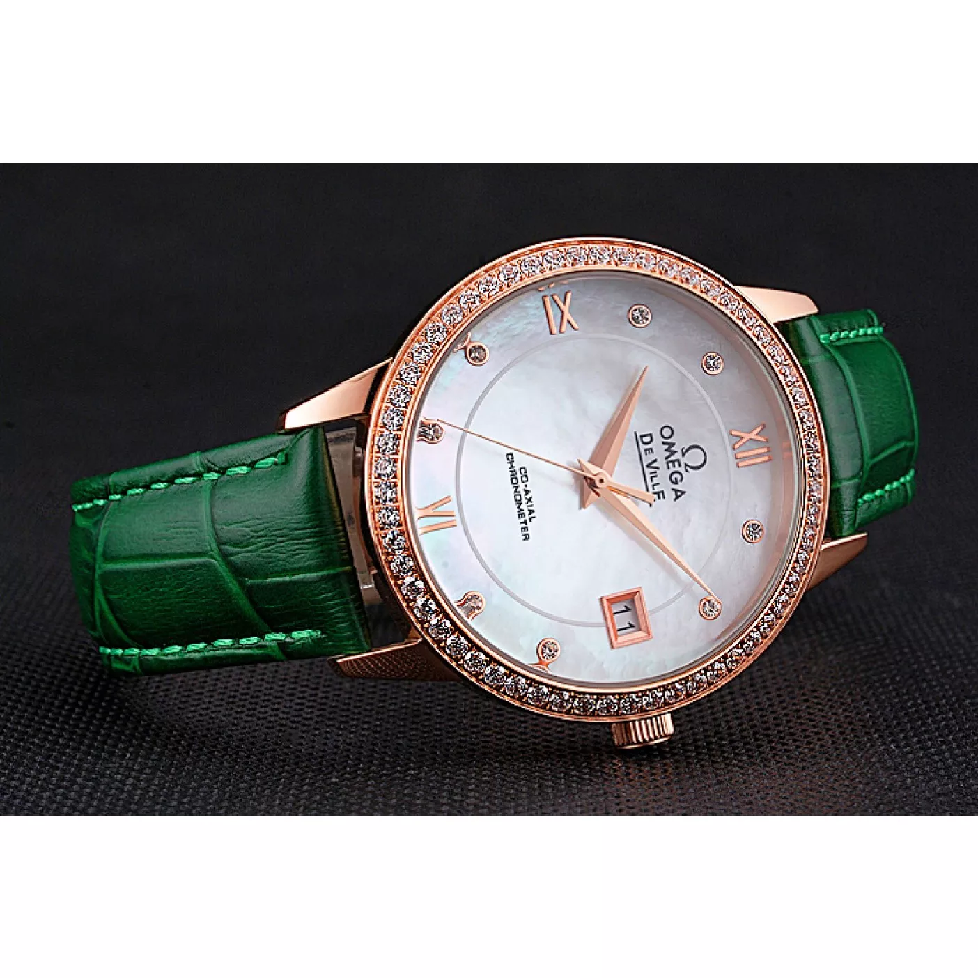 Good Copy Rolex Watches Omega DeVille Prestige Co-Axial Diamond Gold Case Mother-Of-Pearl Dial Green Leather Strap 0124