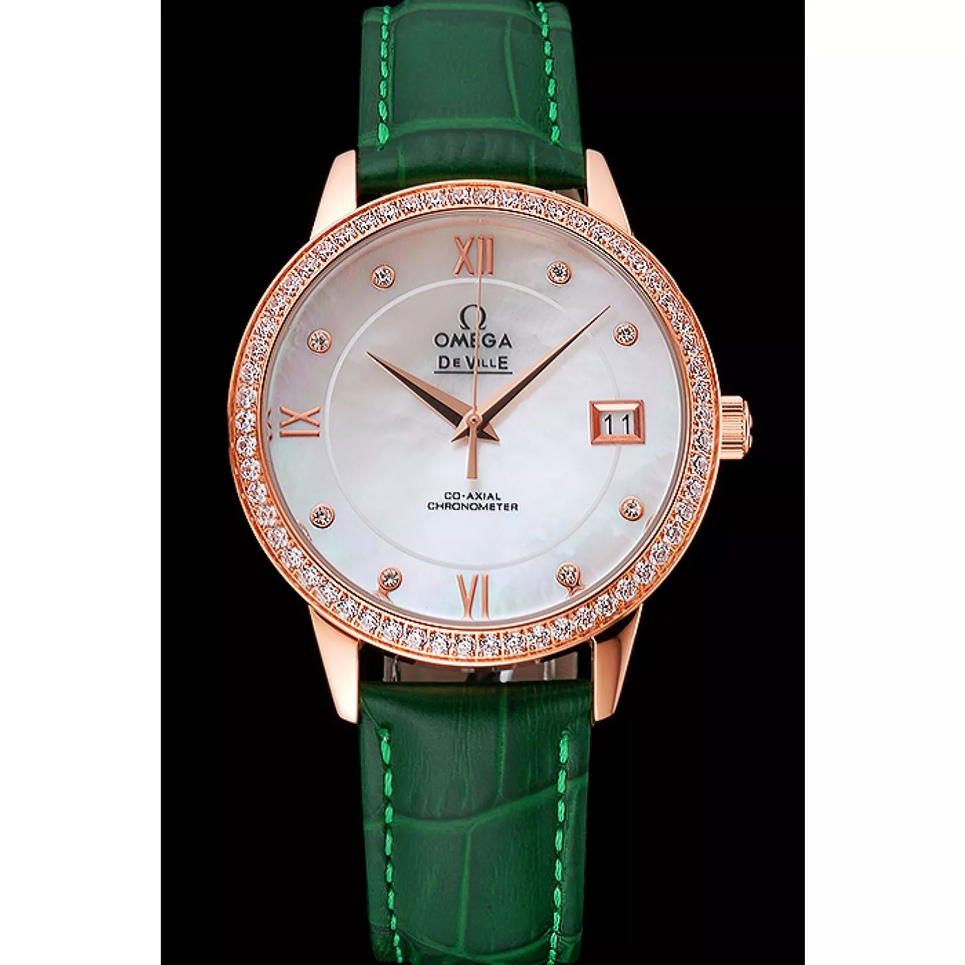 Good Copy Rolex Watches Omega DeVille Prestige Co-Axial Diamond Gold Case Mother-Of-Pearl Dial Green Leather Strap 0124