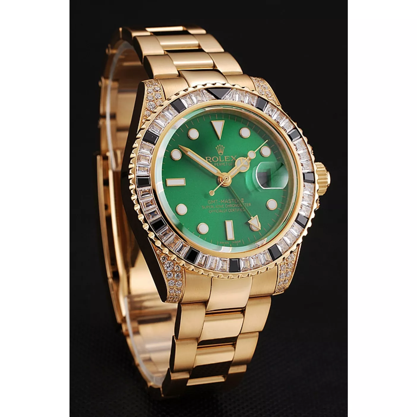 Good Copy Rolex Watches Swiss Rolex GMT Master II Green Dial Stone Set Bezel Gold Case And Bracelet 1453748 0128