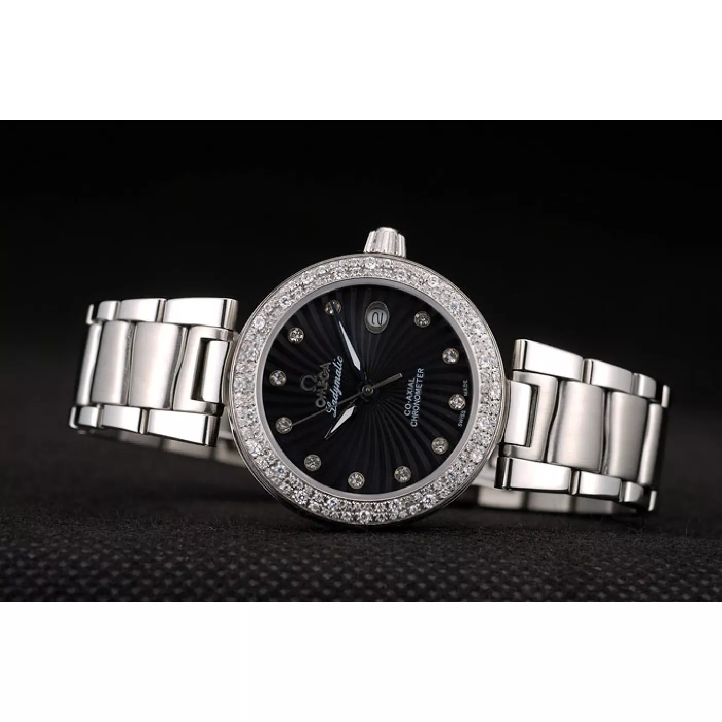 Best AAA Replica Sites Omega DeVille Ladymatic iamond Plated Bezel Black Dial 0124