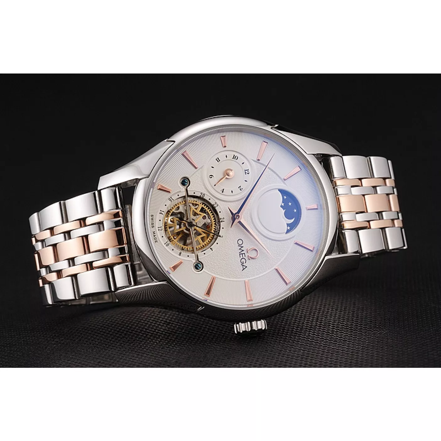 AAA Replica Watches Omega De Ville Moonphase Tourbillon White Dial Stainless Steel Case Two Tone Steel Rose Gold Bracelet 0206