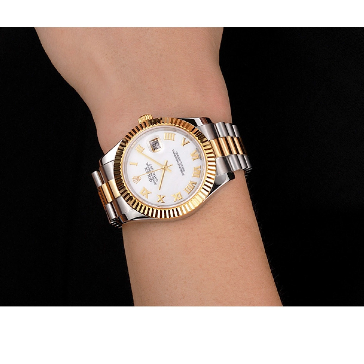 AAA Replica Watches Rolex Two Swiss Roman Bezel Bracelet Stainless Datejust Gold Steel Tone Dial Case Numerals White 0220