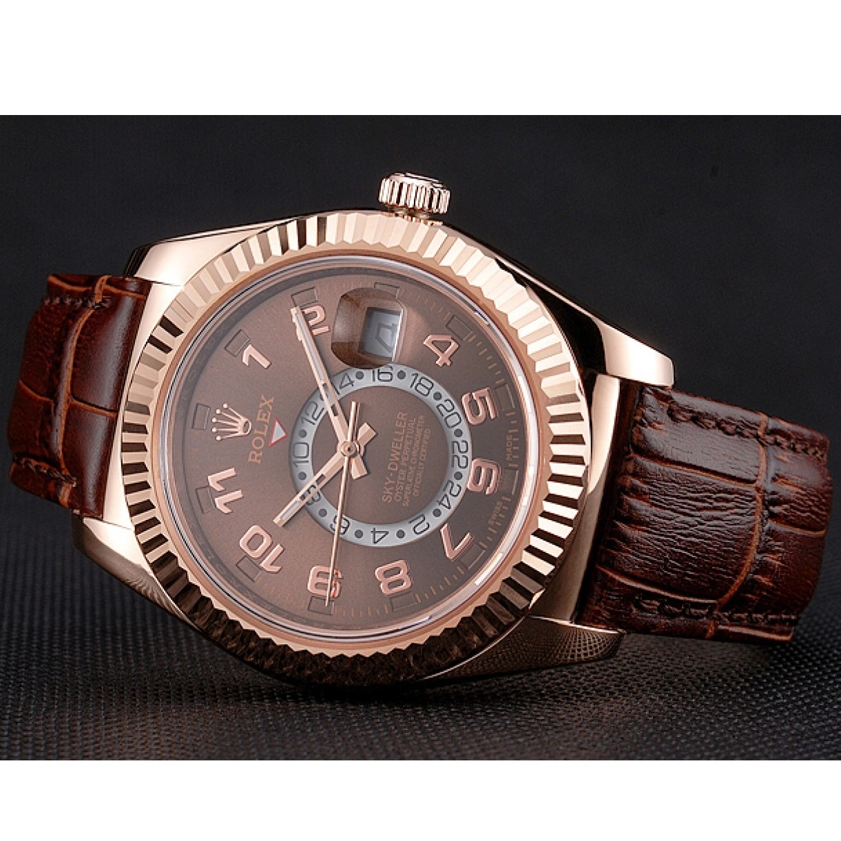 Good Copy Rolex Watches Brown Brown Case Gold Rolex Dweller Dial Leather Sky Rose Strap 0210