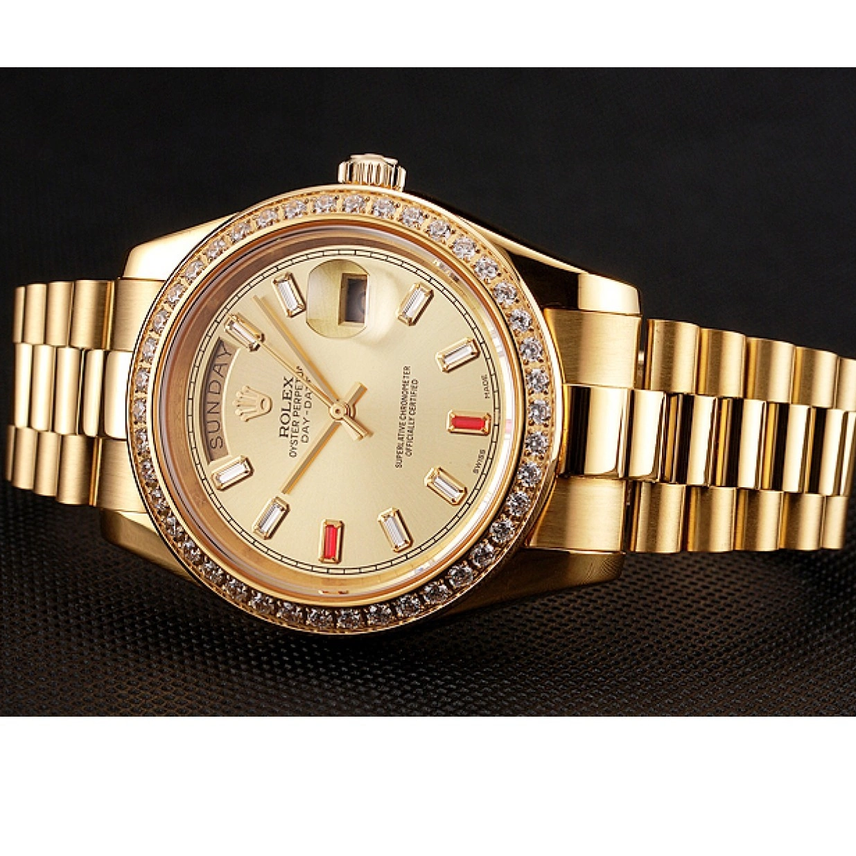 Best AAA Replica Sites Gold Diamonds Dial Bracelet Day-Date Champagne 1454100 Rubies Rolex Swiss And 0223