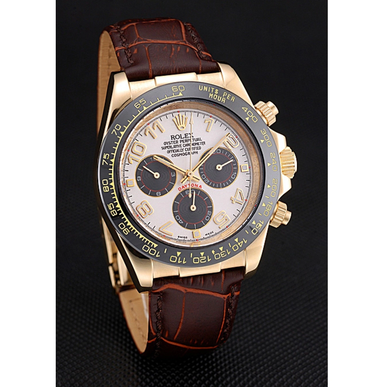 Good Copy Rolex Watches Bracelet Black Leather Rolex Gold Cosmograph Daytona Brown 622634 Subdials Case 0220