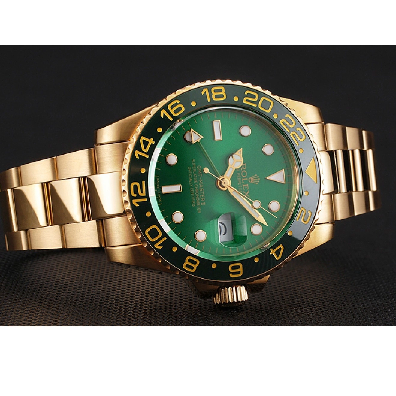 Best AAA Replica Sites Green Rolex Swiss II Master Bracelet Dial And 1453750 Gold GMT Case Bezel And 0213