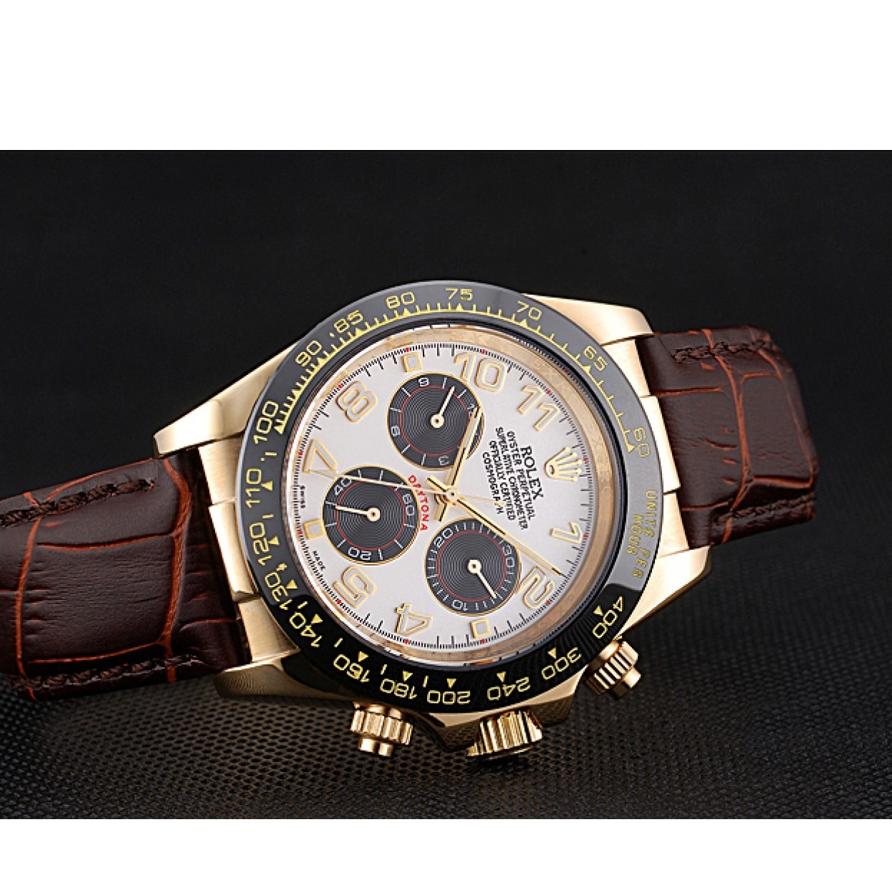 Good Copy Rolex Watches Bracelet Black Leather Rolex Gold Cosmograph Daytona Brown 622634 Subdials Case 0220