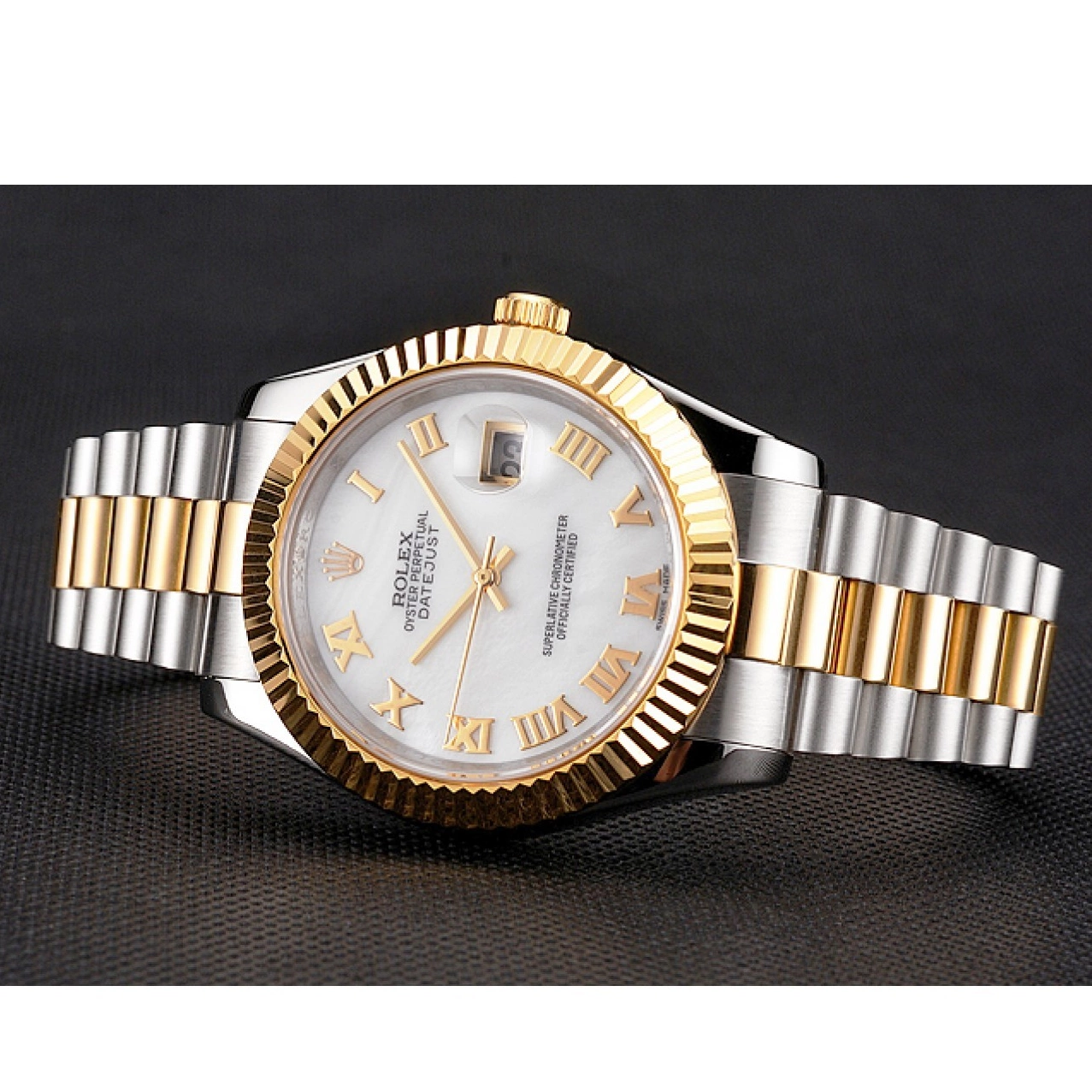 AAA Replica Watches Rolex Two Swiss Roman Bezel Bracelet Stainless Datejust Gold Steel Tone Dial Case Numerals White 0220