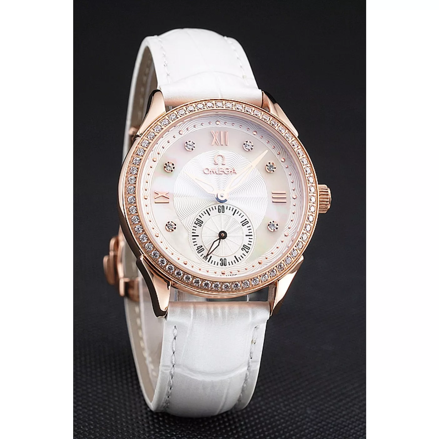 Best AAA Replica Sites Omega DeVille Prestige White Dial Gold Diamond Case White Leather Bracelet 1454122 0206