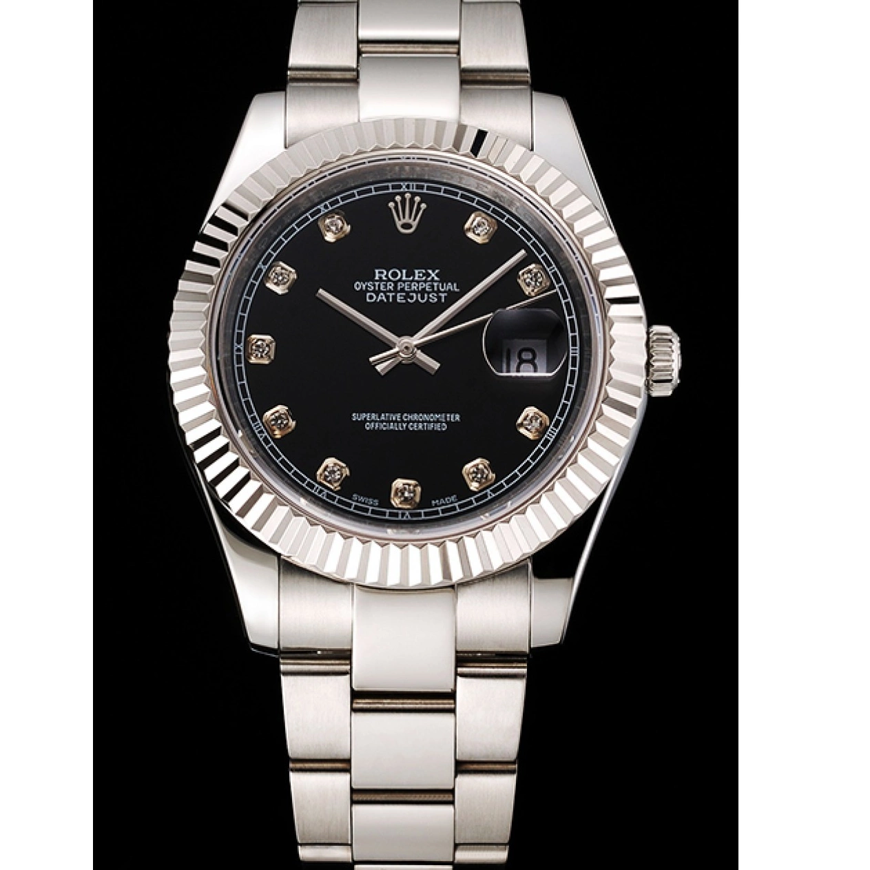 Good Copy Rolex Watches Rolex Swiss Dimond Hour And Marks Case Stainless Datejust Bracelet Steel Dial Black 0220