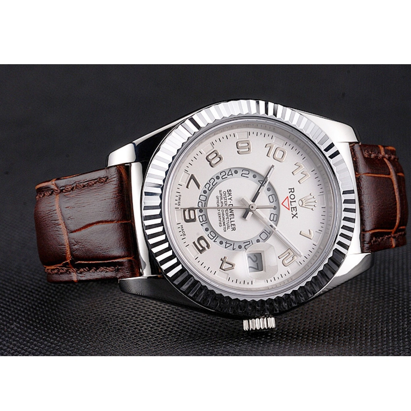 Best AAA Replica Sites White Brown Dweller Steel Stainless Strap Case Leather Dial Rolex Sky 0209