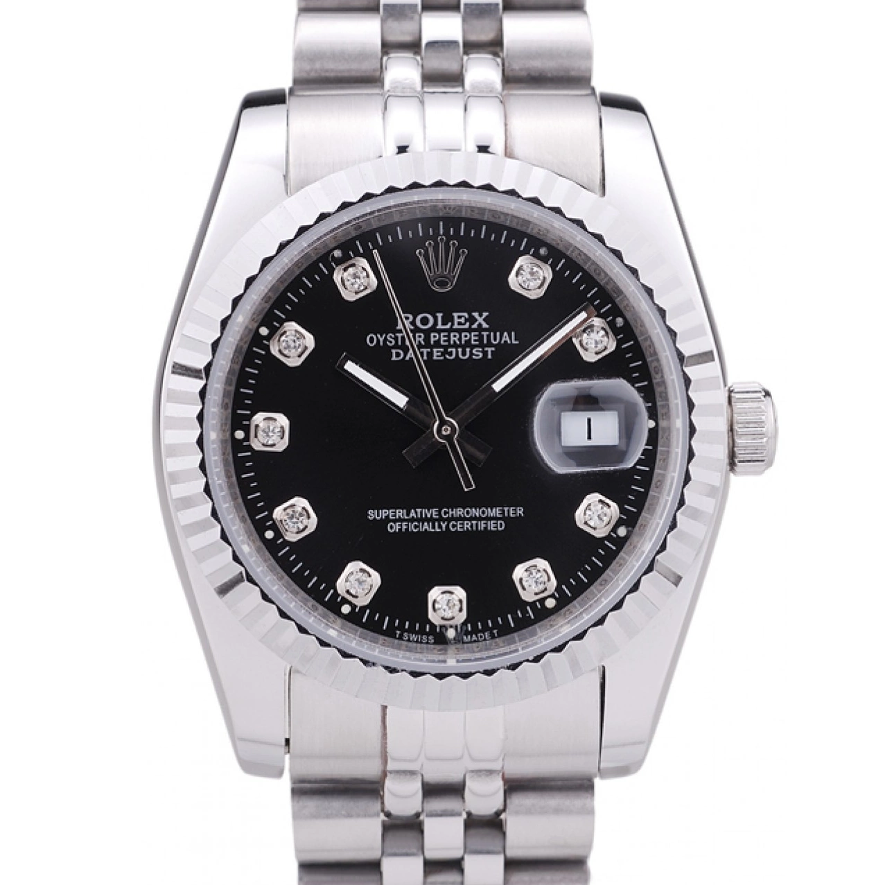 Good Copy Rolex Watches Ribbed Datejust Black Bezel Rolex 7458 Dial Diamonds 0213