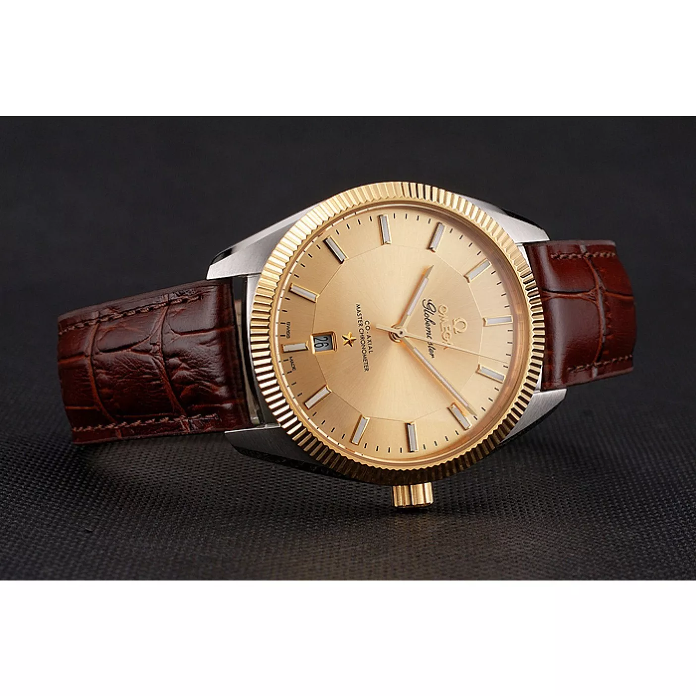 Best AAA Replica Sites Omega Globemaster Gold Dial And Bezel Stainless Steel Case Brown Leather Strap 0206