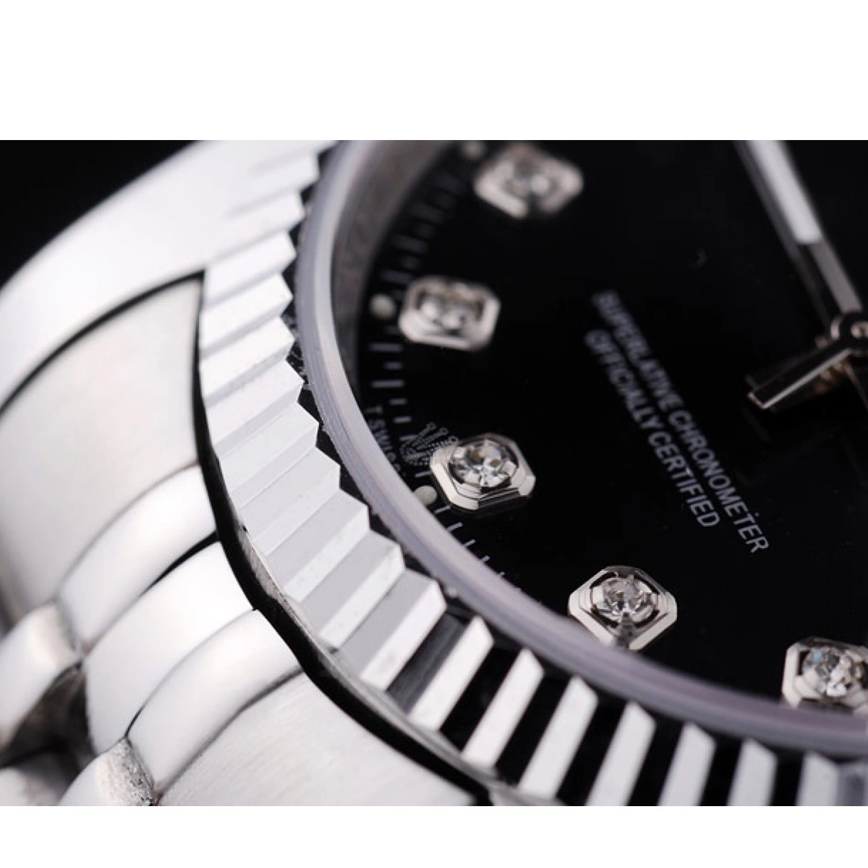 Good Copy Rolex Watches Ribbed Datejust Black Bezel Rolex 7458 Dial Diamonds 0213