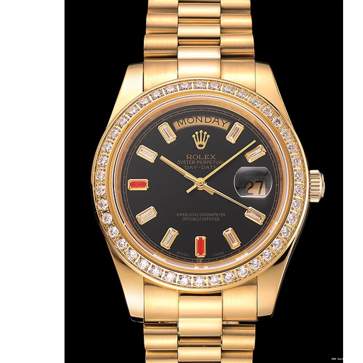 AAA Replica Watches Bracelet Rolex Diamonds Black Rubies Dial Gold And Day-Date Swiss 1454101 0221