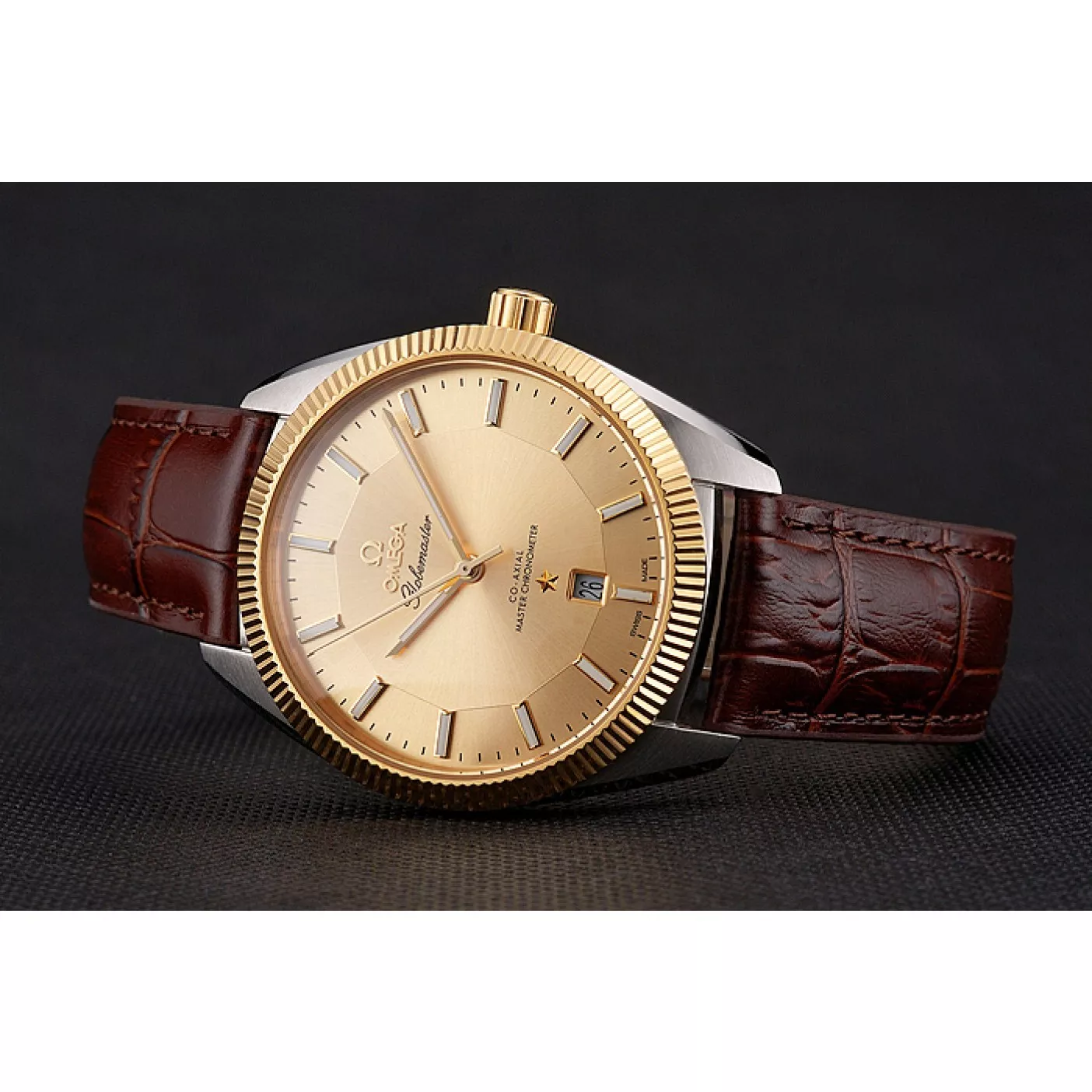 Best AAA Replica Sites Omega Globemaster Gold Dial And Bezel Stainless Steel Case Brown Leather Strap 0206