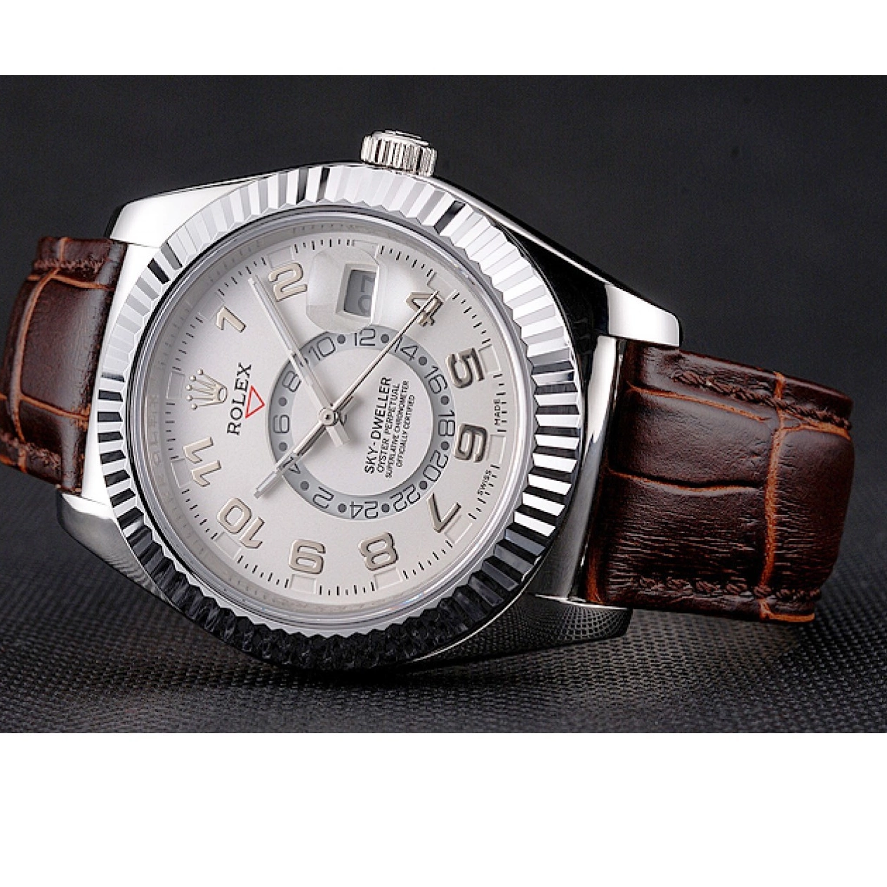 Best AAA Replica Sites White Brown Dweller Steel Stainless Strap Case Leather Dial Rolex Sky 0209