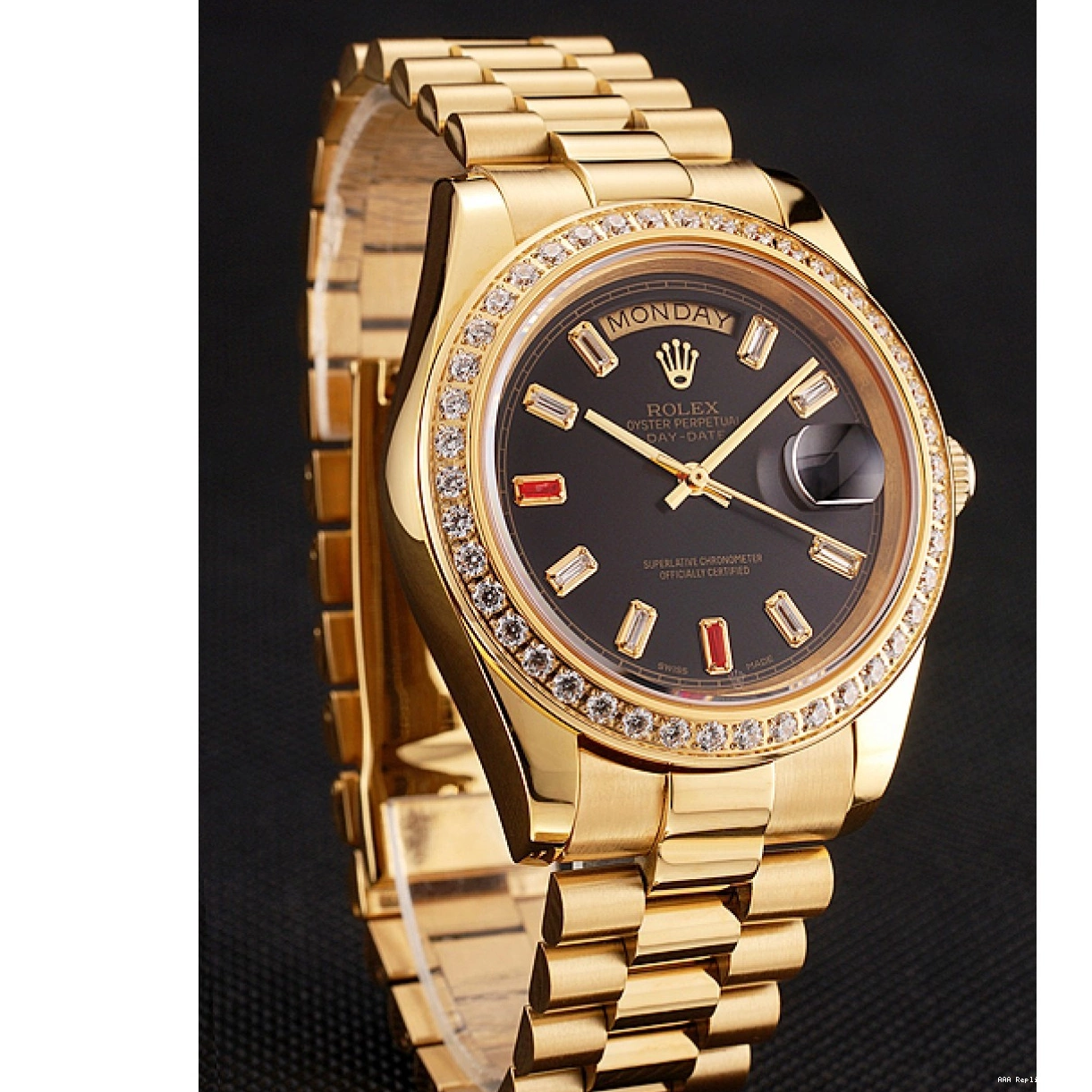 AAA Replica Watches Bracelet Rolex Diamonds Black Rubies Dial Gold And Day-Date Swiss 1454101 0221