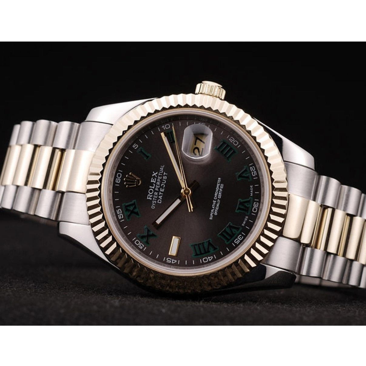 Best AAA Replica Sites Pattern Bezel Rolex Dial Gold Ribbed Brown DateJust 0219